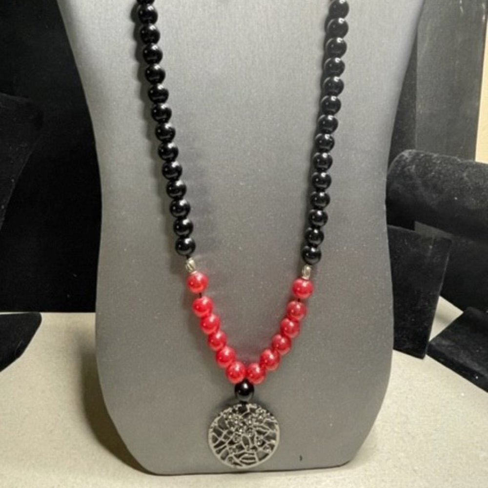 Black and Red Mala Glass Beads 40" with a Laser Cut Medallion (Heavy Necklace)